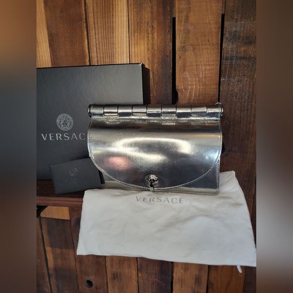 Versace Silver Mirrored Leather Flap Chain Shoulder Bag - Picture 16 of 16
